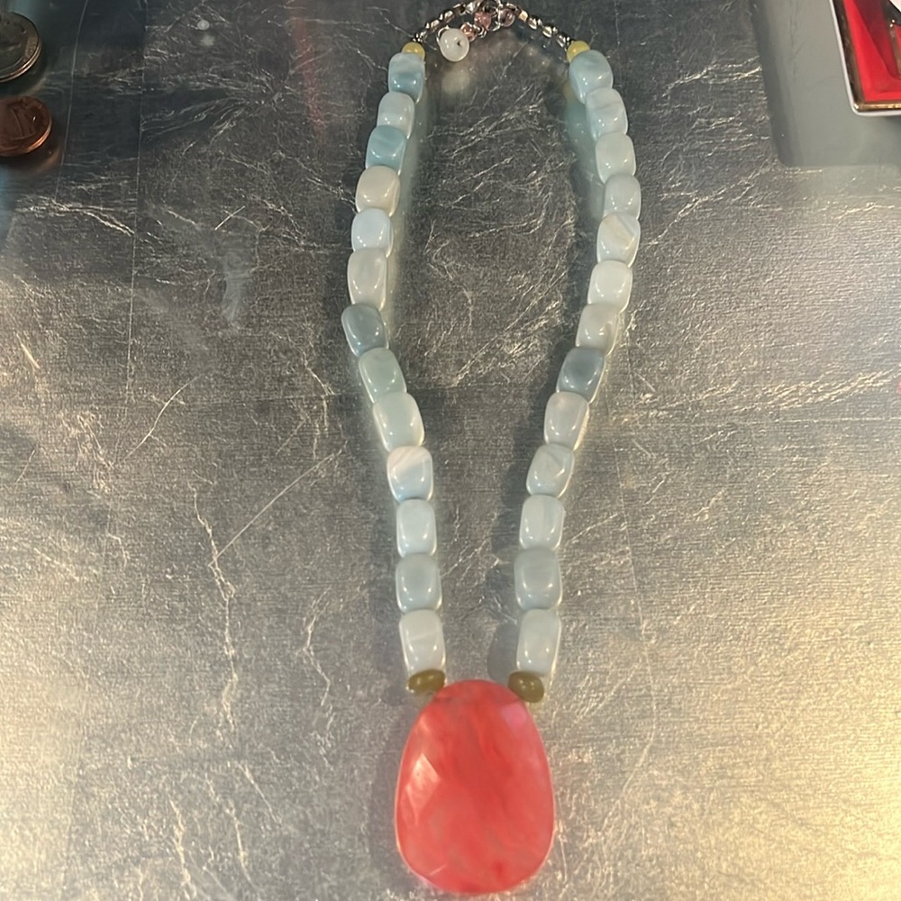 Gorgeous Aqua green and orange glass artisanal necklace EUC - wore once